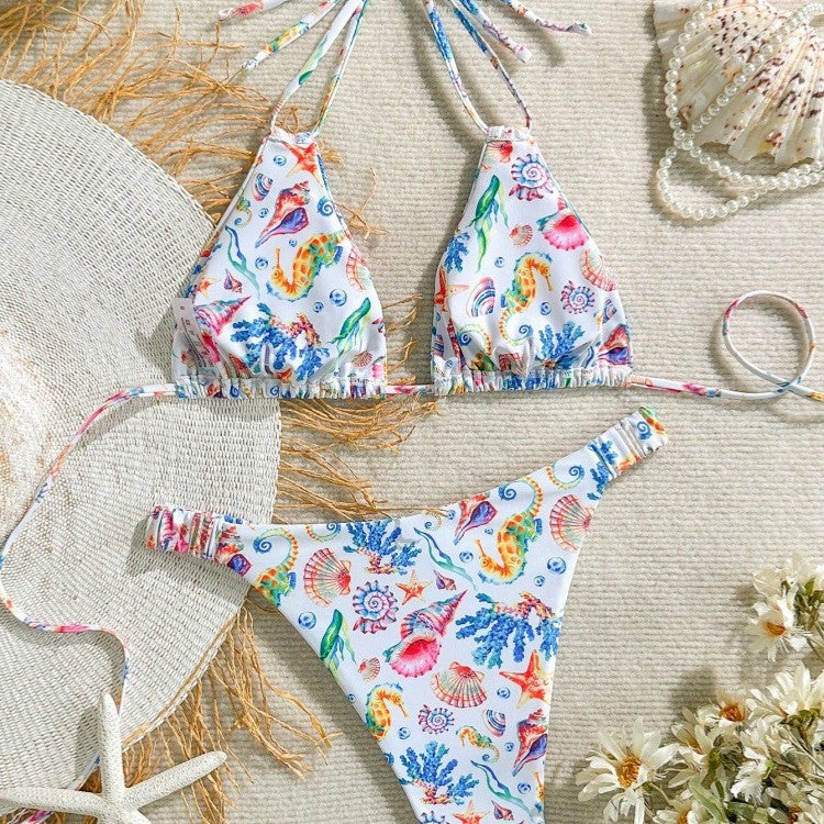 Damen Bikini-Set mit buntem Unterwasser-Motiv und verstellbaren Trägern EB