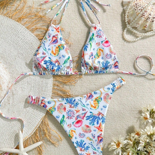 Damen Bikini-Set mit buntem Unterwasser-Motiv und verstellbaren Trägern EB
