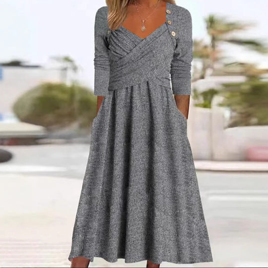 Damen Maxikleid mit eleganter Wickeloptik und praktischen Taschen Heidi-Mode