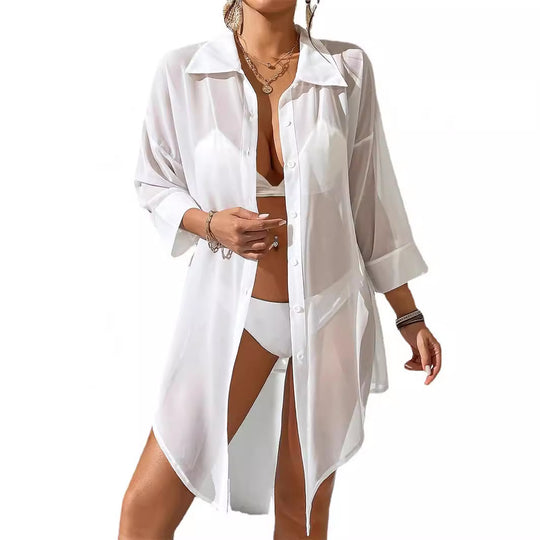 Damen lässige Strandbluse aus transparentem Stoff mit Knopfverschluss EB