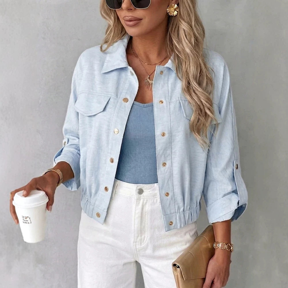 Damen Leichte Chambray-Boxy-Jacke mit Gummibund, Druckknöpfen und aufgesetzten Brusttaschen EB