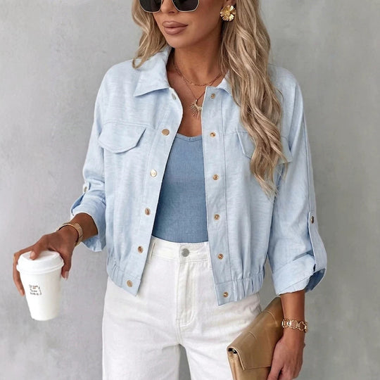 Damen Leichte Chambray-Boxy-Jacke mit Gummibund, Druckknöpfen und aufgesetzten Brusttaschen EB