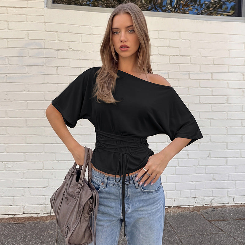 Damen asymmetrisches Crop-Top mit weitem Schnitt und fließenden Ärmeln EB