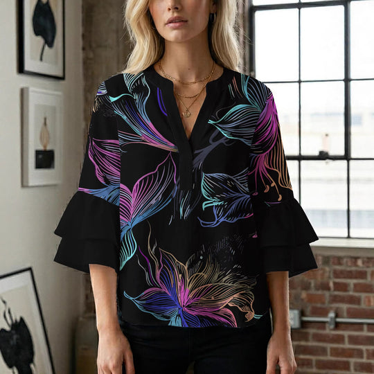Damen Blusenshirt mit voluminösen Ärmeln und floralem Muster EB