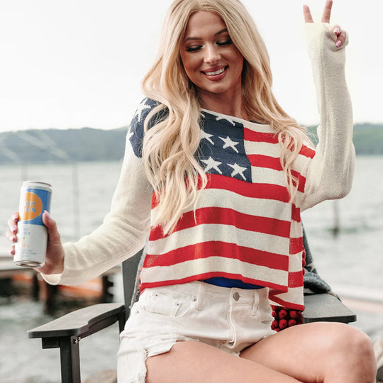 Damen lässiger Pullover mit Flaggenmuster und weiten Ärmeln EB