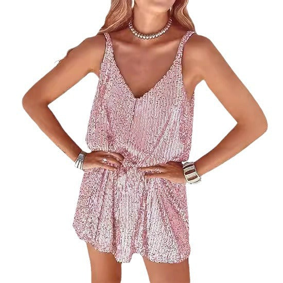 Damen Glitzerndes Jumpsuit mit tiefem V-Ausschnitt und elastischer Taille EB