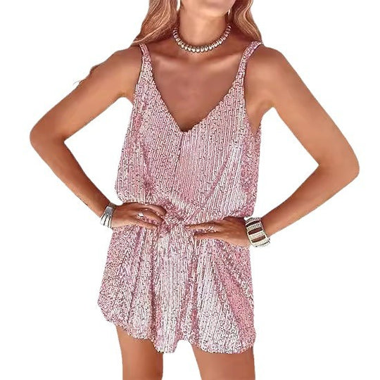 Damen Glitzerndes Jumpsuit mit tiefem V-Ausschnitt und elastischer Taille EB