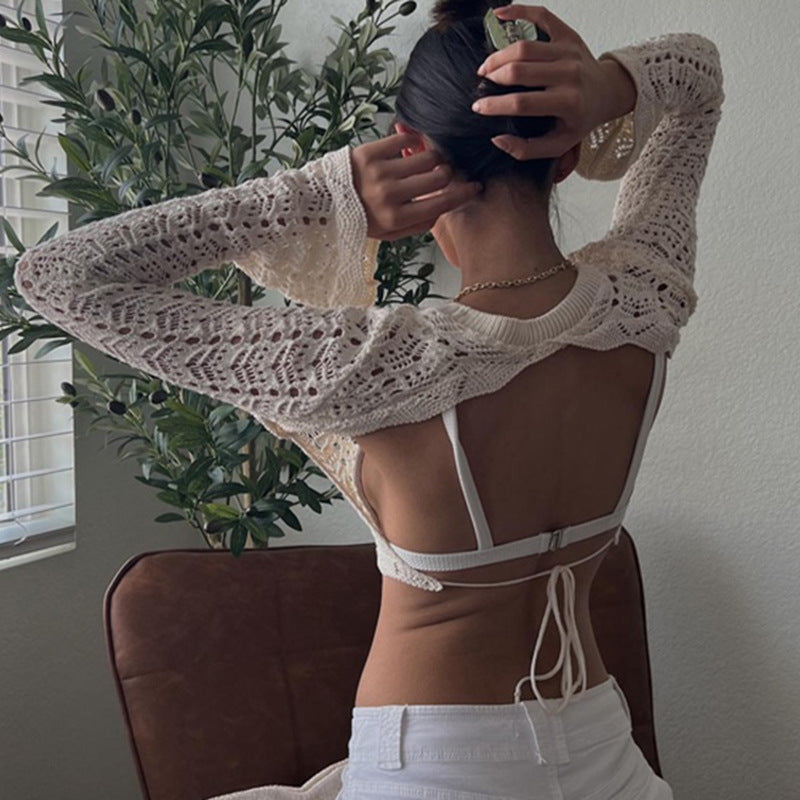 Damen gehäkeltes Crop-Top mit weitem Ärmel und lockerer Passform EB