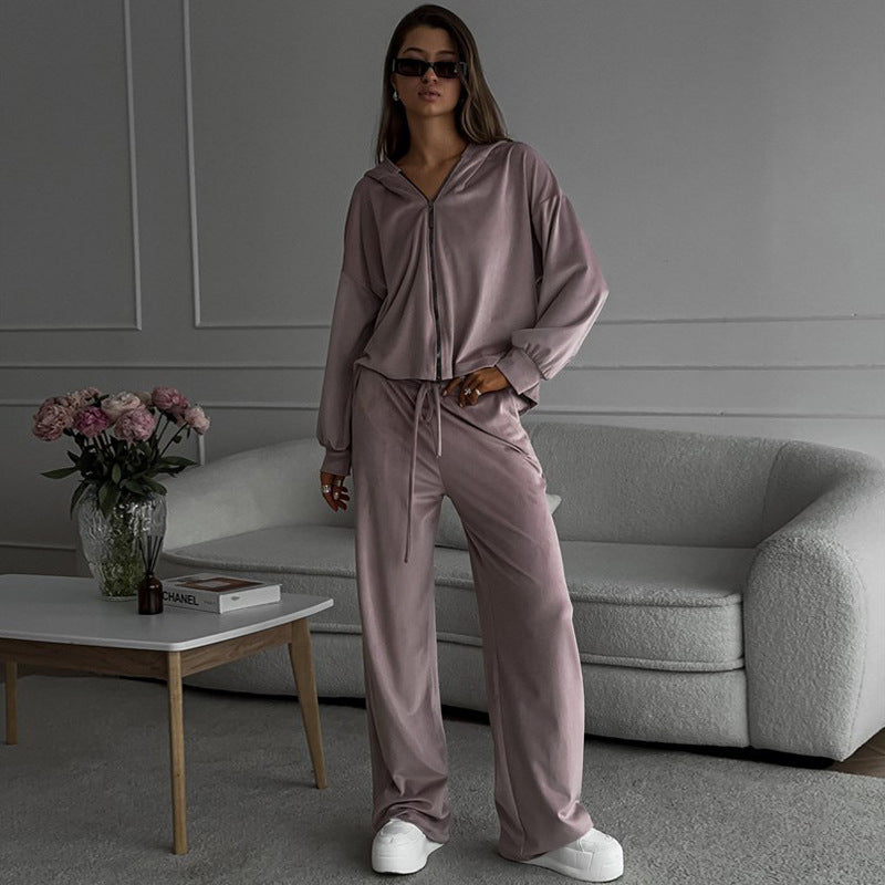 Damen nan luxuriöses Velours-Zweiteiler Set mit kurzem Reißverschluss-Hoodie und weiten Highwaist-Loungehosen EB