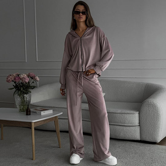 Damen nan luxuriöses Velours-Zweiteiler Set mit kurzem Reißverschluss-Hoodie und weiten Highwaist-Loungehosen EB