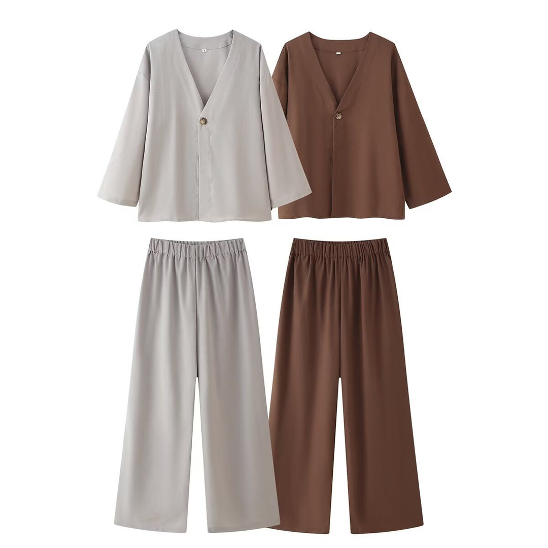 Damen Set aus eleganter Bluse mit V-Ausschnitt und weit geschnittenen Palazzo-Hosen EB