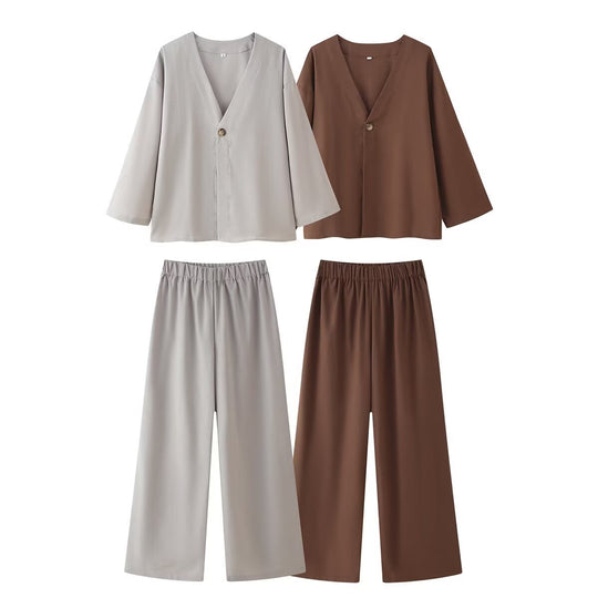 Damen Set aus eleganter Bluse mit V-Ausschnitt und weit geschnittenen Palazzo-Hosen EB