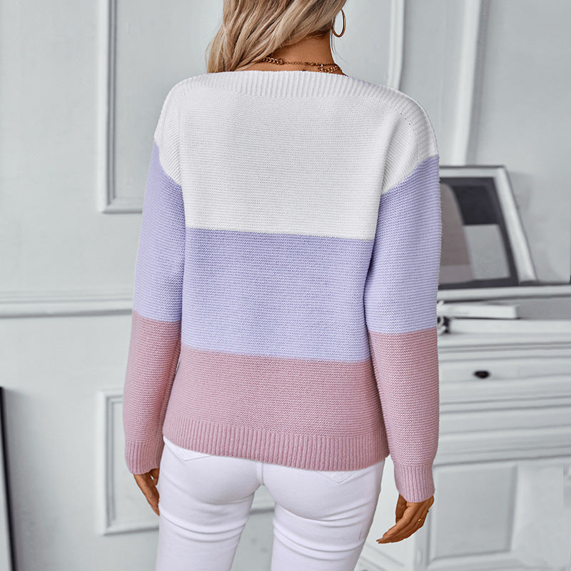 Damen modischer Strickpullover mit dekorativen Knopfdetails und Blockstreifen EB