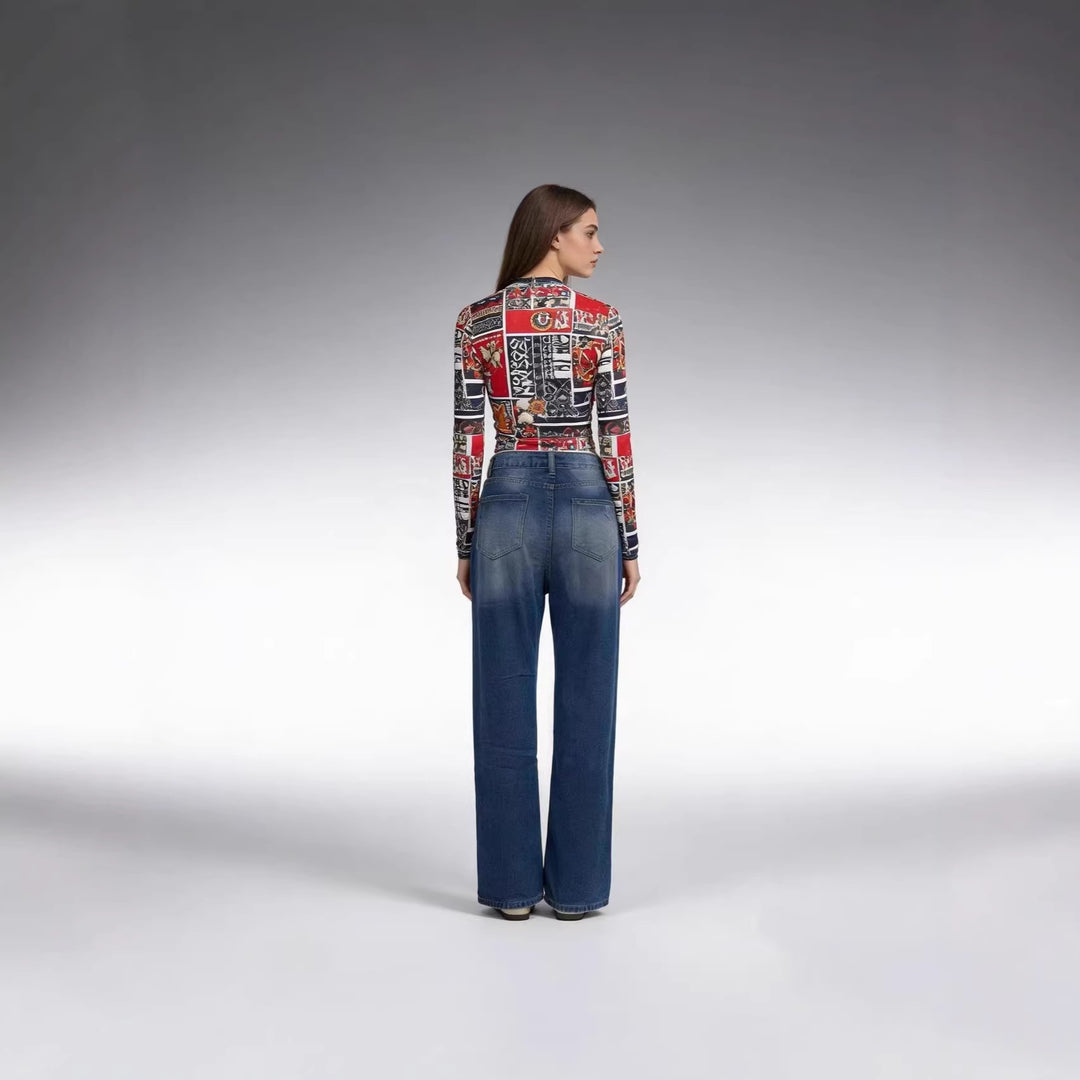 Damen nan hochgeschnittene Relaxed-Jeans mit weitem Bein, Knie-Rips und rohem Saum EB