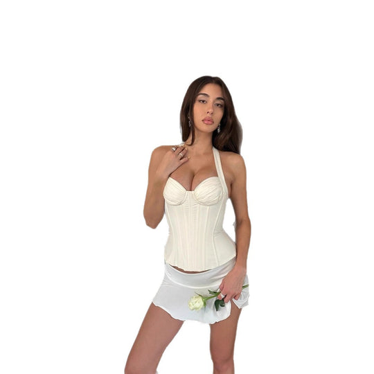 Damen Korbentop mit Spaghetti-Trägern und Rüschensaum EB