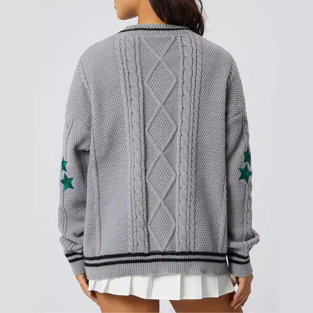 Damen Grob gestrickte Cardigan mit Sternenapplikationen und Knopfverschluss EB