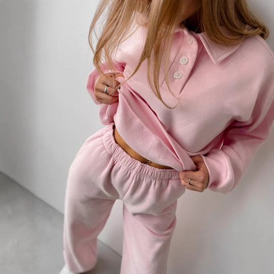 Damen Casual-Set aus schwerem French-Terry mit Polokragen-Cropped-Sweater und weitem High-Waist-Sweathose EB