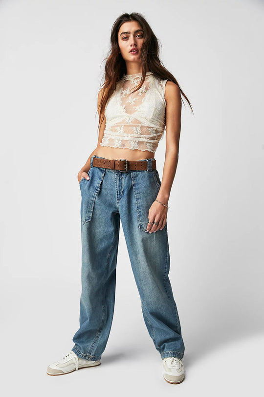 Damen nan weite High-Waist Baggy-Jeans mit tiefem Schritt, Five-Pocket Design und extra-langen Beinen EB
