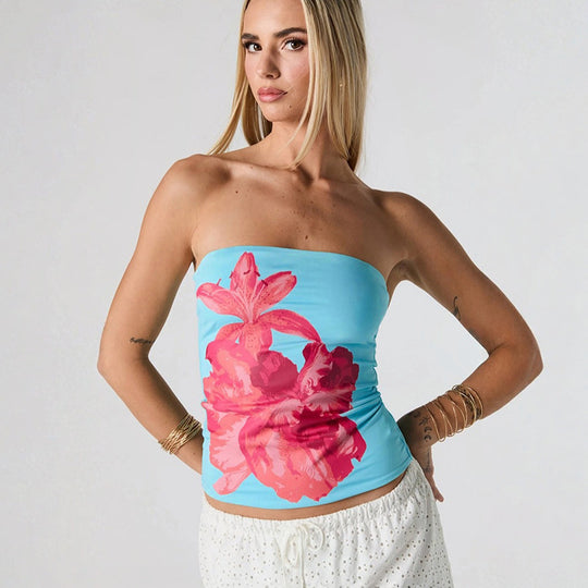 Damen Bandeau-Oberteil mit floralem Design und elastischem Stoff EB