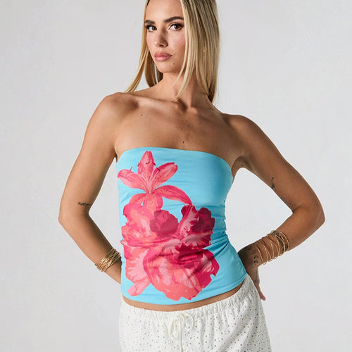 Damen Bandeau-Oberteil mit floralem Design und elastischem Stoff EB