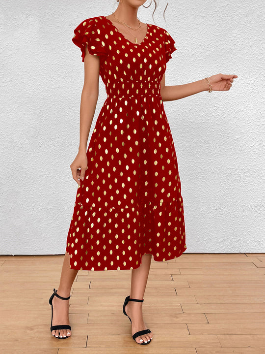 Damen Maxikleid mit Rüschendetails und schimmerndem Punktmuster EB