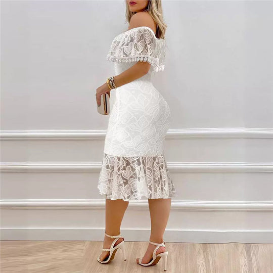 Damen Off-Shoulder Spitzenkleid mit voluminösem Saum EB