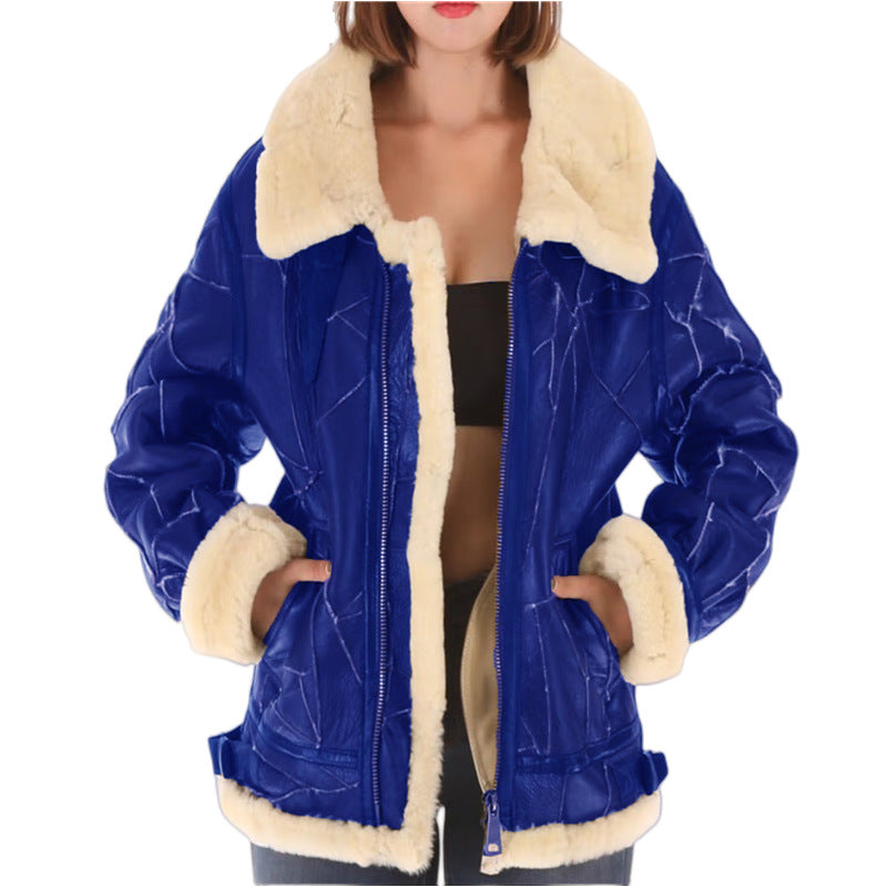 Damen lässige Kunstlederjacke mit warmem Fellkragen EB