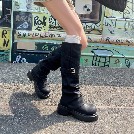 Damen modische Overknee-Stiefel mit stylischem Riemen-Design EB
