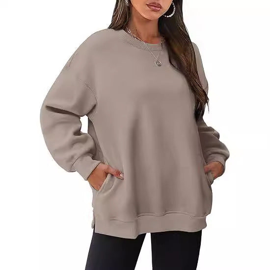Damen nan lässiger Oversize-Sweatpullover mit seitlichen Eingrifftaschen, geripptem Saum und überschnittener Schulter EB