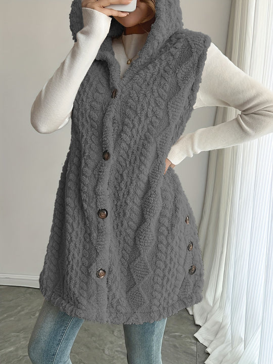 Damen Kuschelige Fleece-Weste mit Kapuze und Knopfverschluss EB