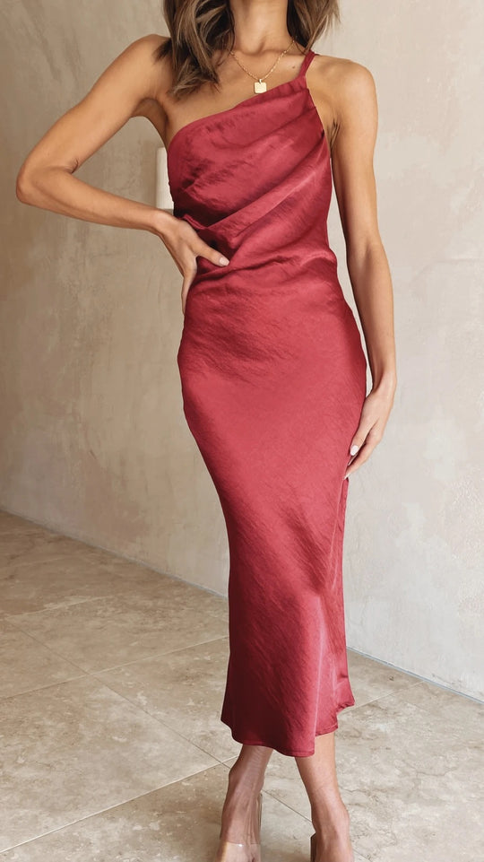 Damen Satin-Midikleid mit asymmetrischem Schnitt und elegantem Flair EB