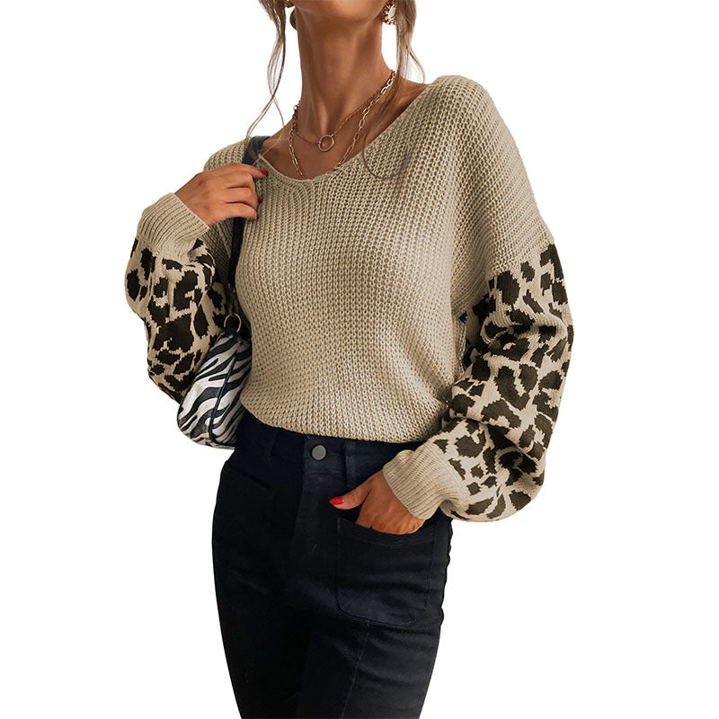 Damen casual Pullover mit modischem Leopardenmuster und lockerer Passform EB