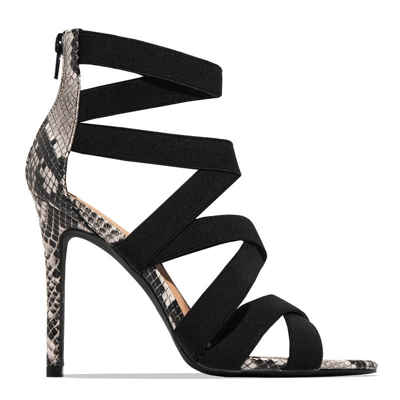 Damen High Heel Sandalen mit elastischen Riemen und stylischem Schlangenleder-Design EB