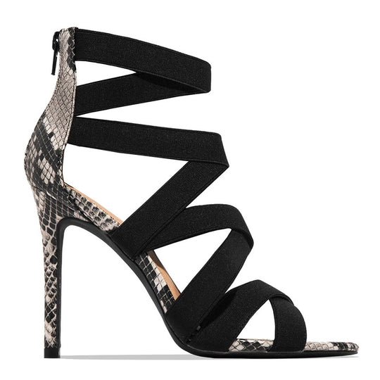 Damen High Heel Sandalen mit elastischen Riemen und stylischem Schlangenleder-Design EB