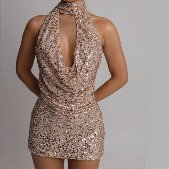 Damen Glamouröses Paillettenkleid mit schimmerndem Halterdesign EB