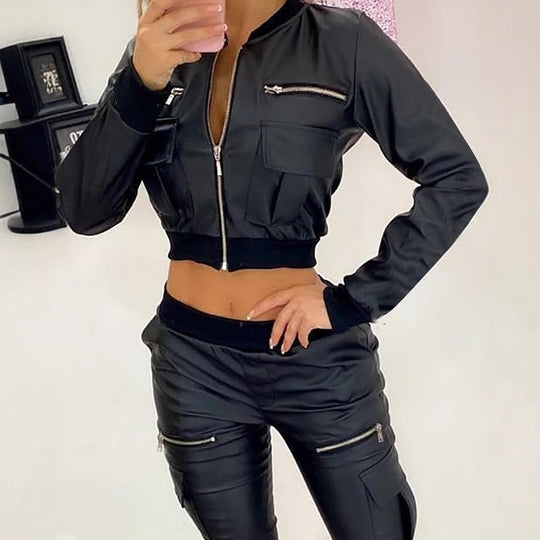 Damen cropped Jacke mit seitlichen Reißverschlusstaschen und elastischem Bund EB