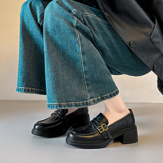 Damen elegante Loafer mit blockierendem Absatz und modischen Schnallen EB