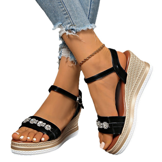 Damen elegante Wedge-Sandalen mit funkelnden Strass-Applikationen EB