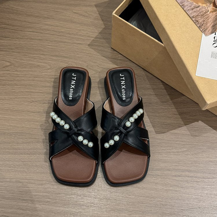 Damen elegante Sandaletten mit funkelnden Perlenakzenten EB