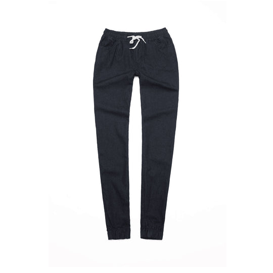 Damen nan schmal geschnittene Denim-Jogginghose mit Elastikbund, Tunnelzug und elastischen Beinbündchen EB