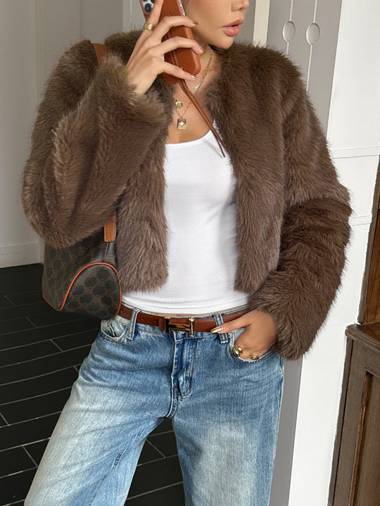 Damen nan kurzes Faux‑Fur Jacke mit voluminösen Ärmeln, offenem Schnitt und kuscheliger Innenfutter EB