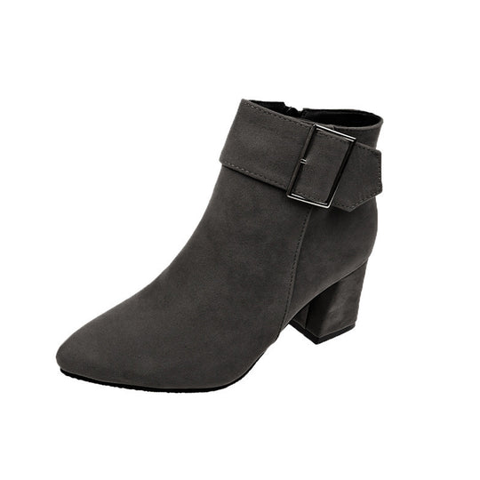 Damen nan elegante Wildlederoptik Stiefelette mit mittelhohem Blockabsatz und breitem Schnallenriemen EB