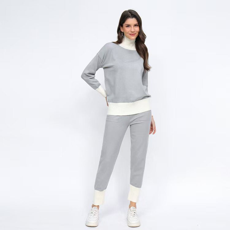 Damen komfortables Strick-Loungewear-Set mit hohem Kragen und elastischen Bündchen EB