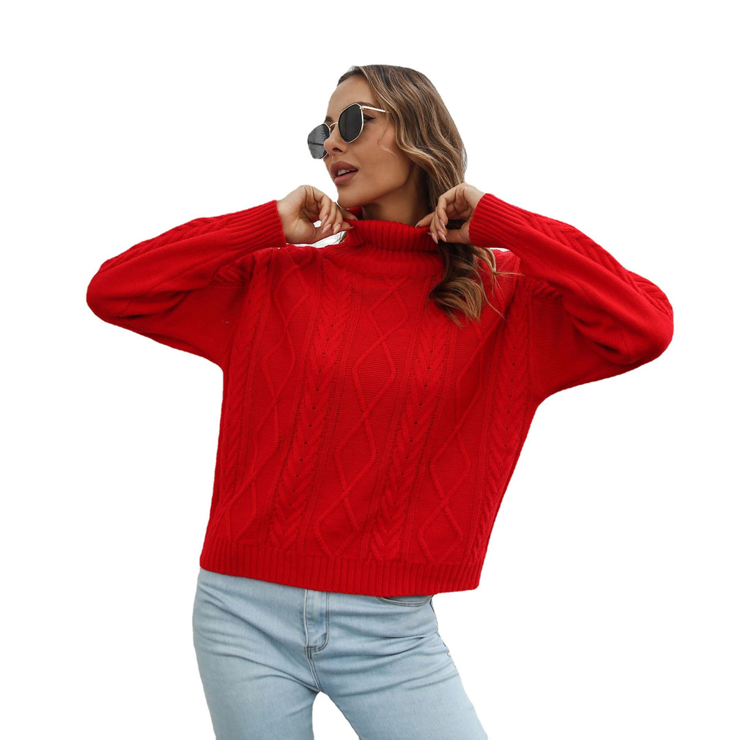 Damen Strickpullover mit hohem Kragen und Zopfmuster EB