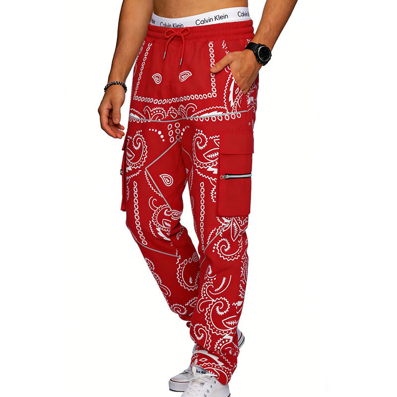 Herren nan Cargo-Jogginghose mit Paisley-Muster, elastischem Bund, multiple Reißverschluss- und Klappentaschen EB