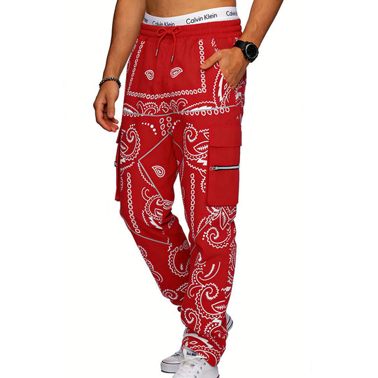 Herren nan Cargo-Jogginghose mit Paisley-Muster, elastischem Bund, multiple Reißverschluss- und Klappentaschen EB