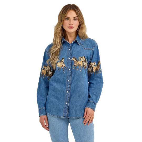 Damen Jeanshemd mit kreativem Pferdemotiv und hochwertiger Baumwollmischung EB