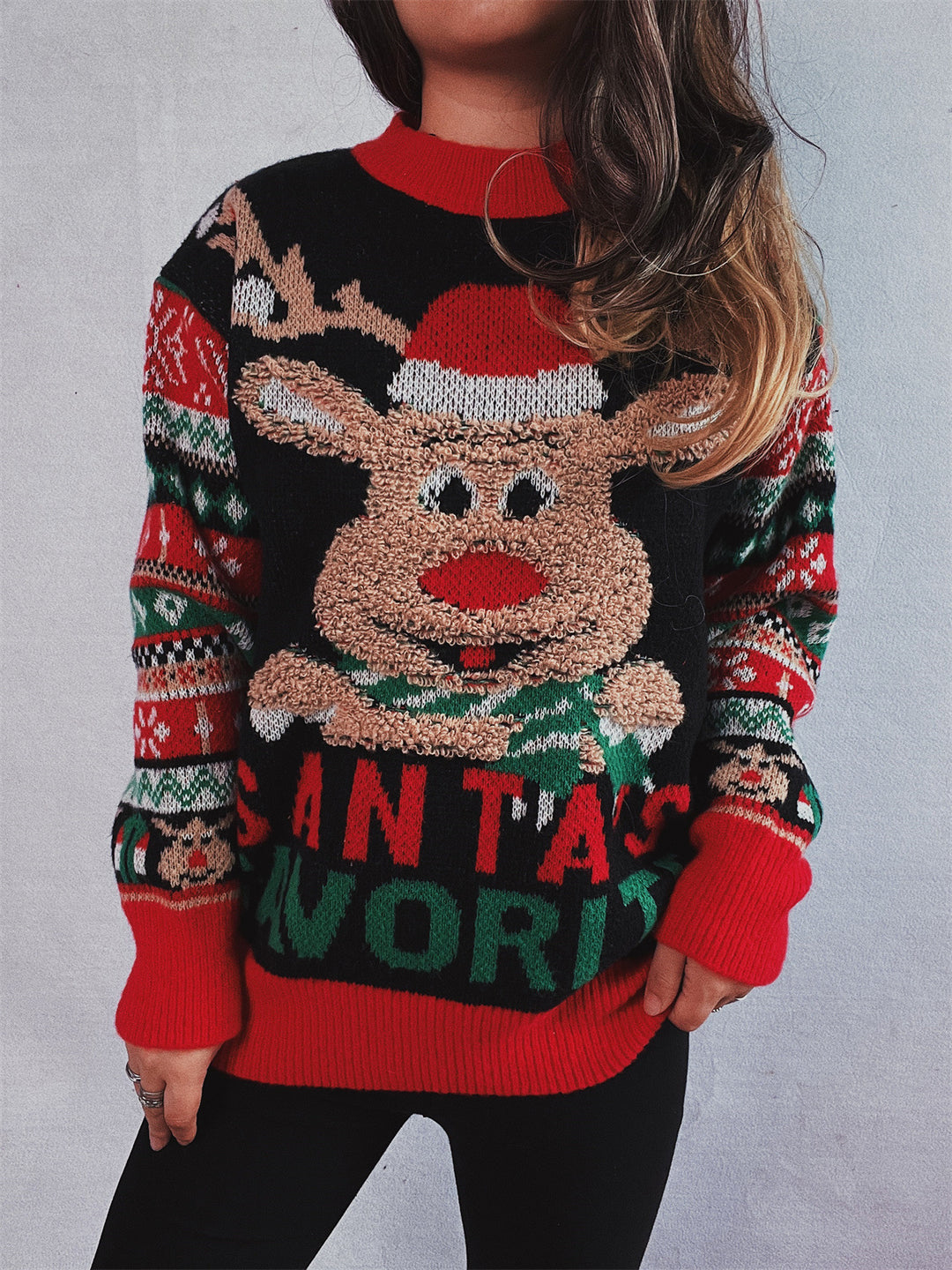Damen Weihnachtspullover mit festlichem Rentier-Motiv und kunterbunten Strickdetails EB