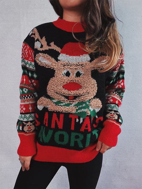 Damen Weihnachtspullover mit festlichem Rentier-Motiv und kunterbunten Strickdetails EB