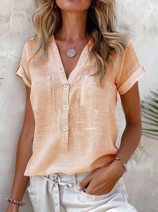Damen Kurzarm Leinenbluse mit Knopfdetails EB